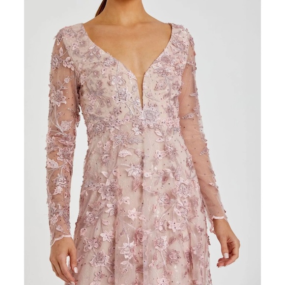 NWT | Mac Duggal 70224 Pink Floral Applique Long Sleeve Illusion Gown | Sz 12 - Picture 3 of 3